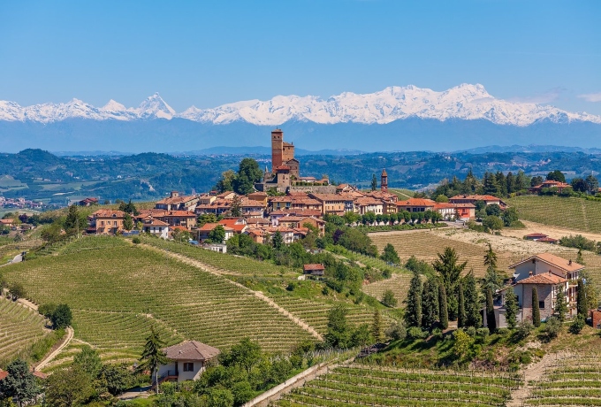 Barolo vineyards in Piedmont, Italy with the Alps in the background, a top wine and truffle region