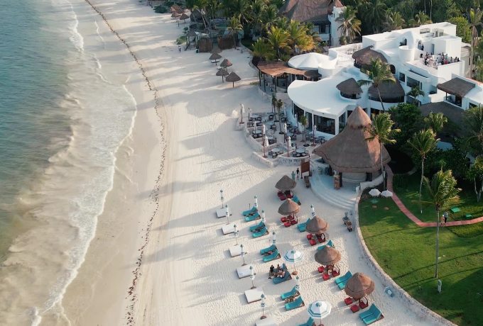 Aerial view of Belmond Maroma luxury beach resort on the Riviera Maya Mexico