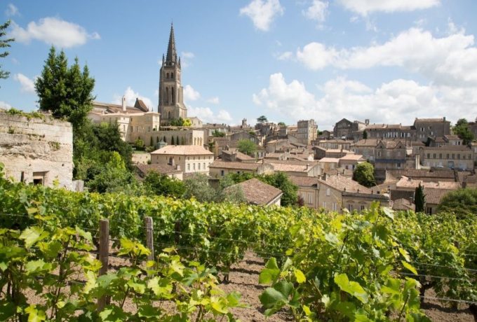 Panoramic view of St-Émilion village surrounded by Bordeaux vineyards