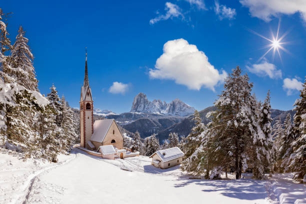 Snow-covered Dolomites mountains in Italy, a UNESCO World Heritage Site and top ski destination for the 2026 Winter Olympics