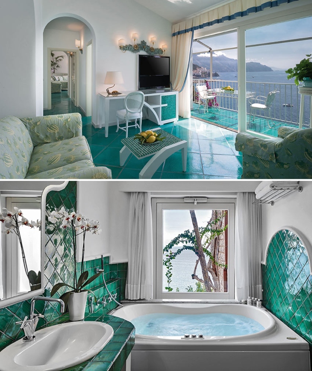 Classic luxury room at Hotel Santa Caterina on the Amalfi Coast with traditional Italian decor and sea views