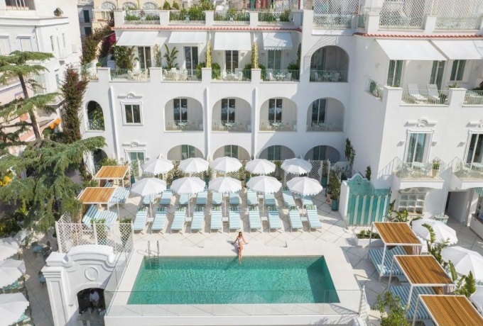Exterior view of Hotel La Palma Capri luxury rooms with private terraces, ideal for booking early in 2026