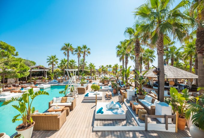Nikki Beach Saint-Tropez on Pampelonne Beach with sunbeds, umbrellas and lively party atmosphere